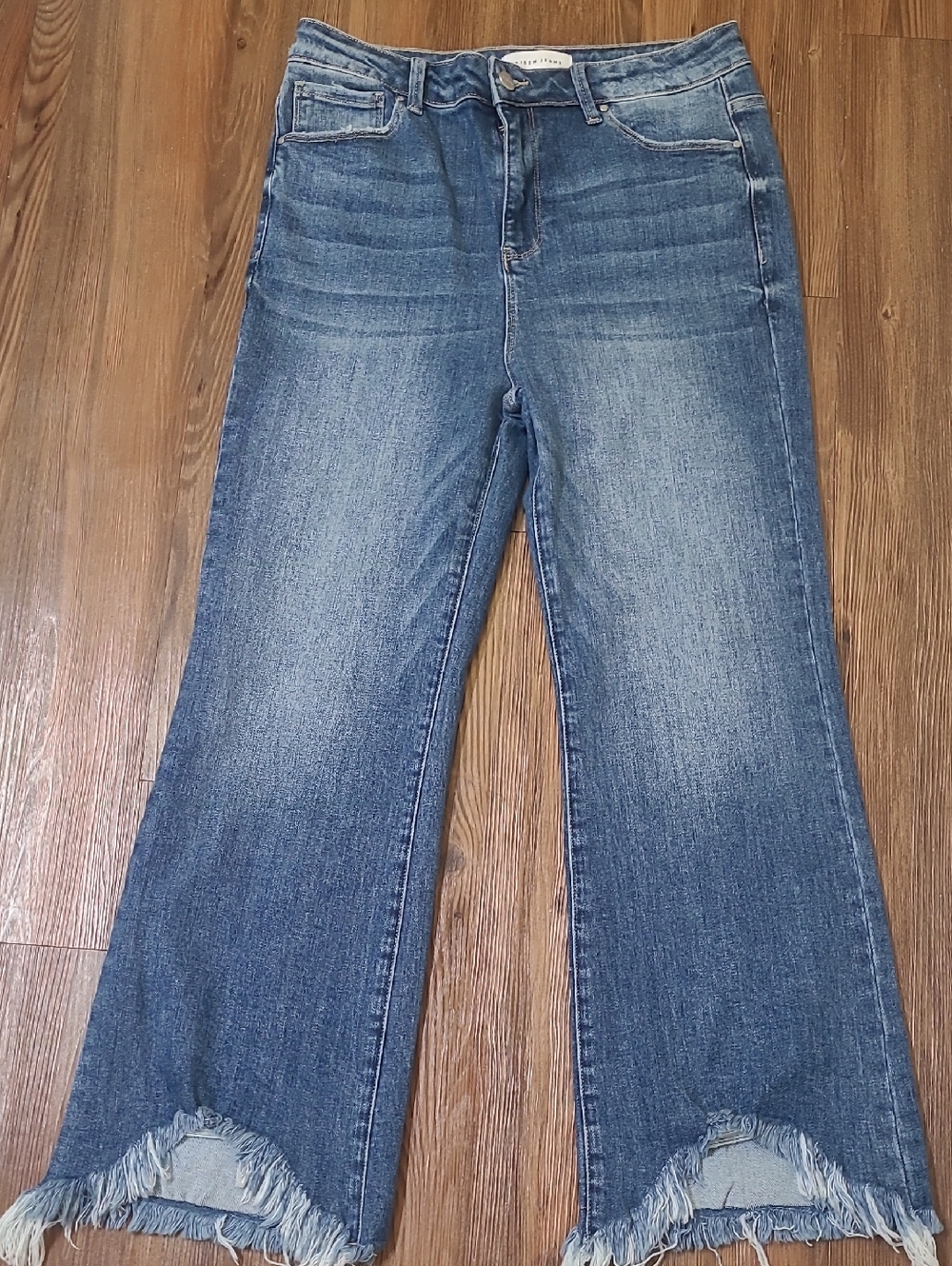 Risen High-Rise Blue Flared Jeans with Frayed Hem for women new color blue